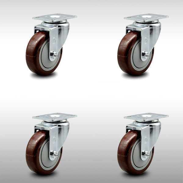 4 Inch SS Maroon Polyurethane Wheel Swivel Top Plate Caster Set